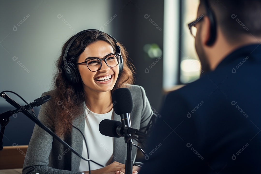 Uma mulher dando entrevista em um podcast