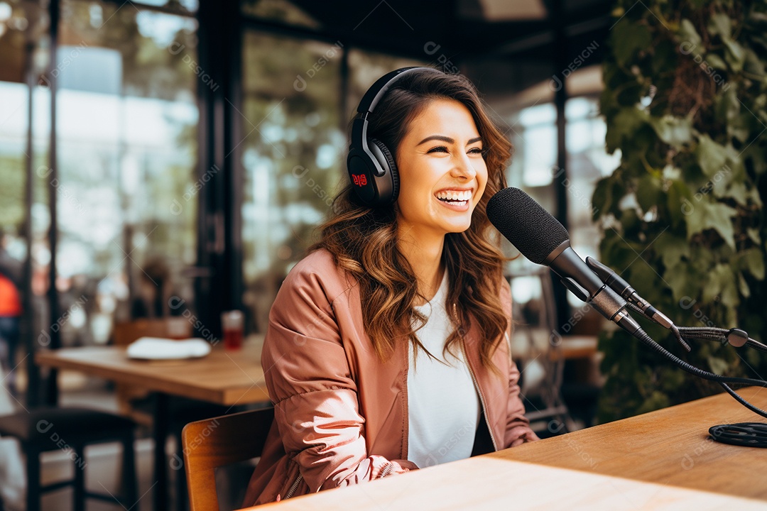 Uma mulher dando entrevista em um podcast