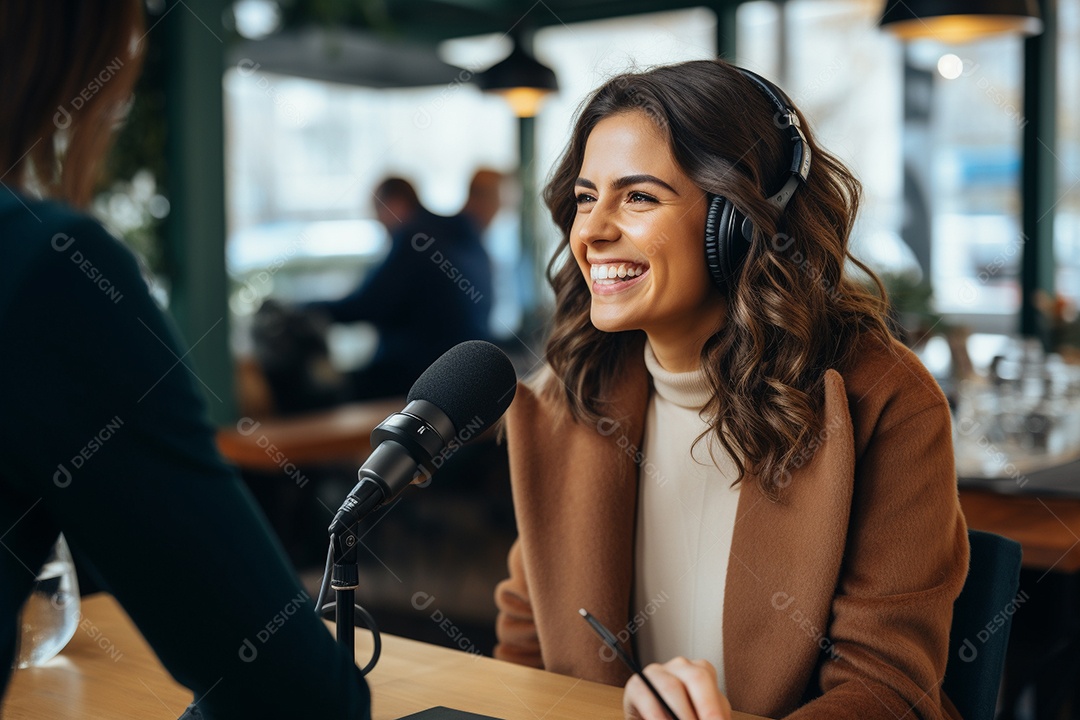 Uma mulher dando entrevista em um podcast