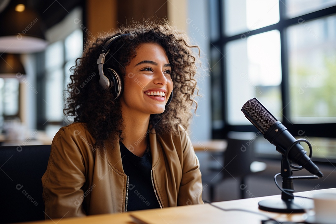 Uma mulher dando entrevista em um podcast