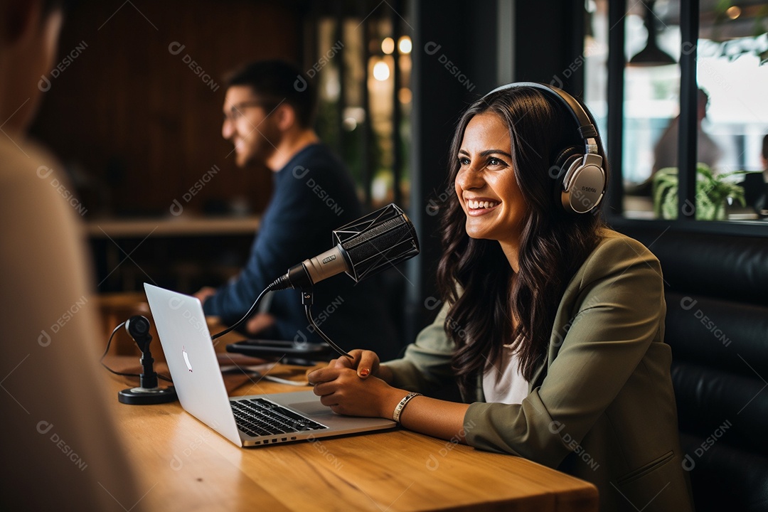 Uma mulher dando entrevista em um podcast