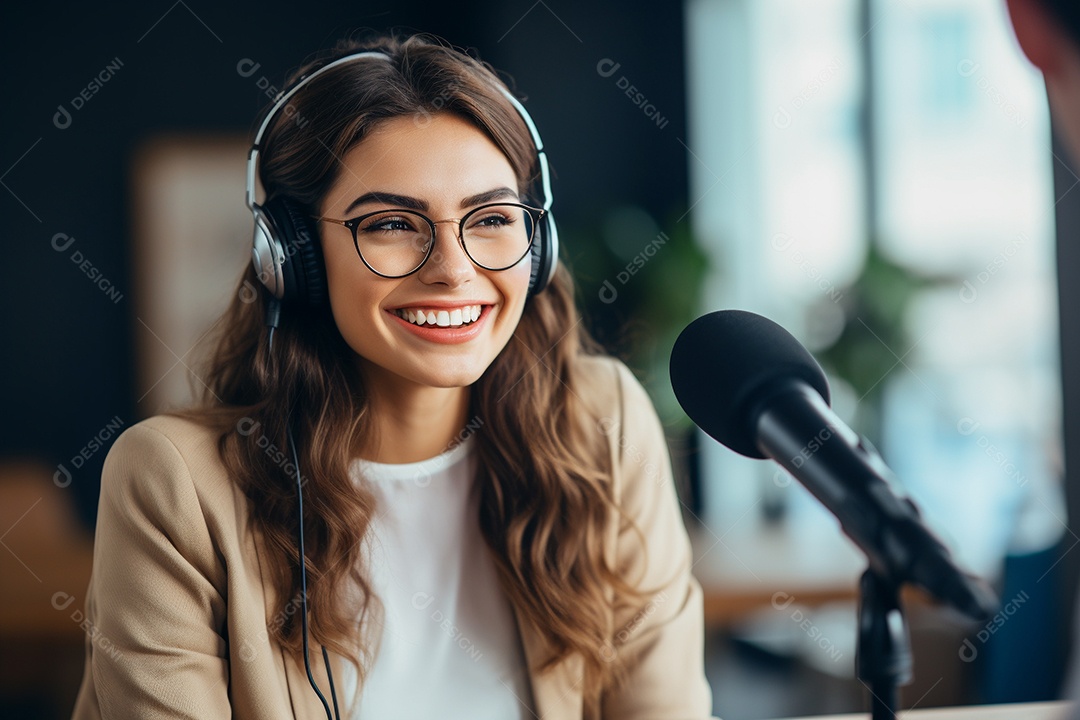 Uma mulher dando entrevista em um podcast