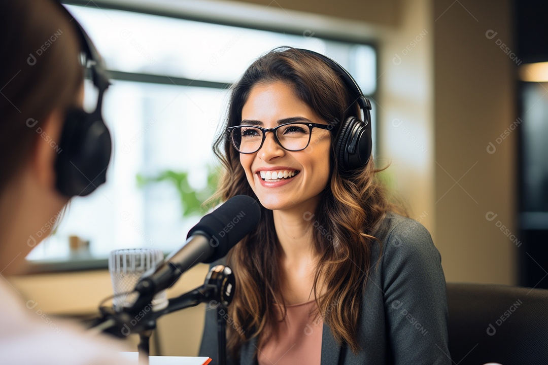 Uma mulher dando entrevista em um podcast