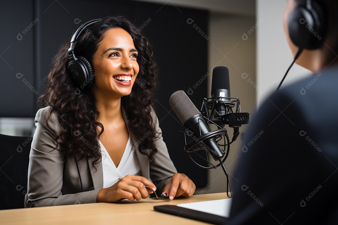 Uma mulher dando entrevista em um podcast