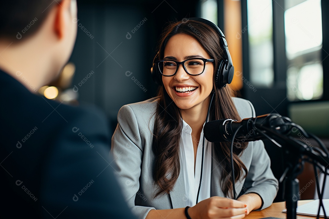 Uma mulher dando entrevista em um podcast