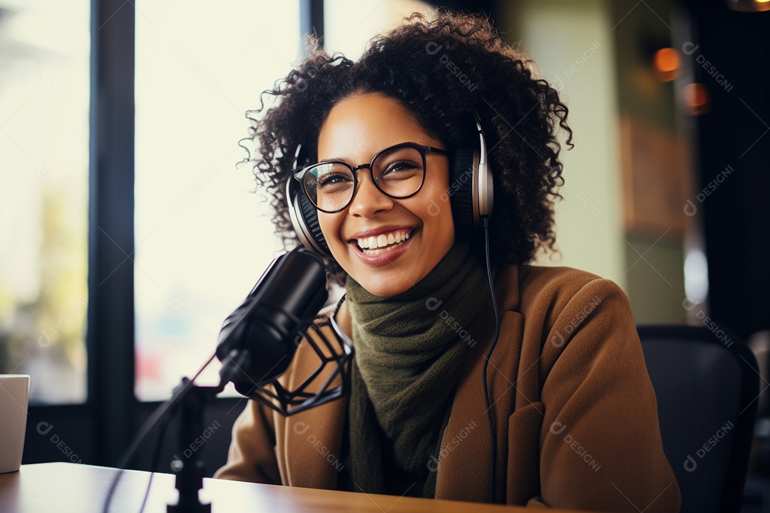 Uma mulher dando entrevista em um podcast