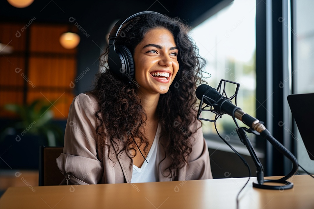 Uma mulher dando entrevista em um podcast