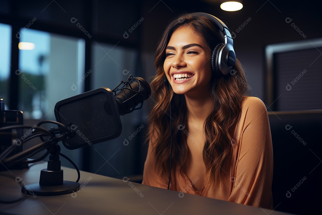 Uma mulher dando entrevista em um podcast