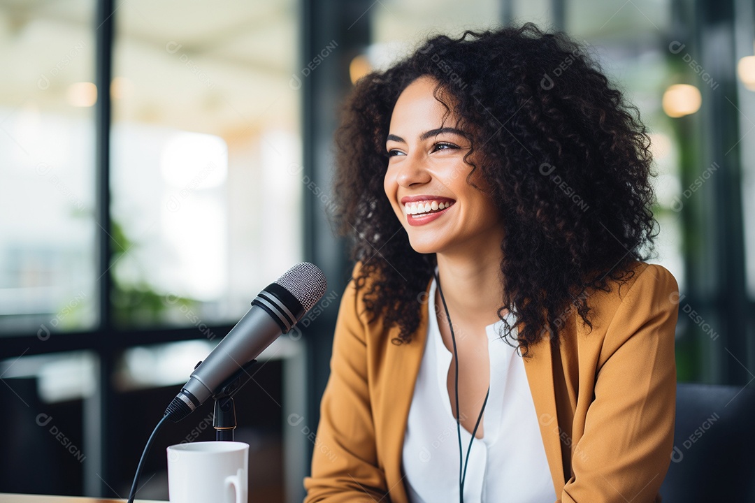 Uma mulher dando entrevista em um podcast