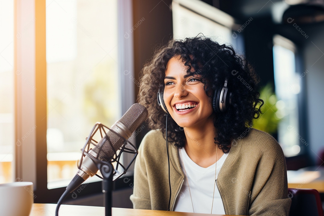 Uma mulher dando entrevista em um podcast