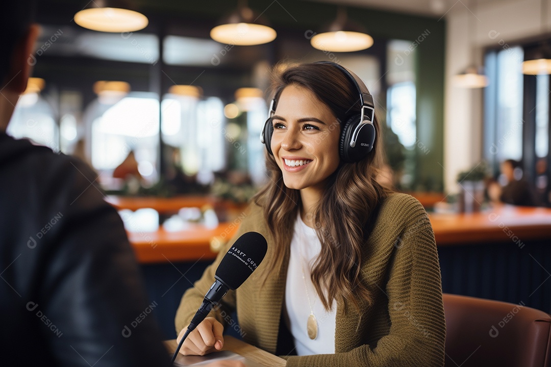 Uma mulher dando entrevista em um podcast