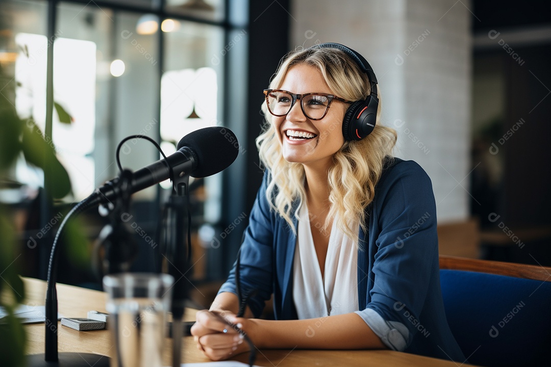 Uma mulher dando entrevista em um podcast