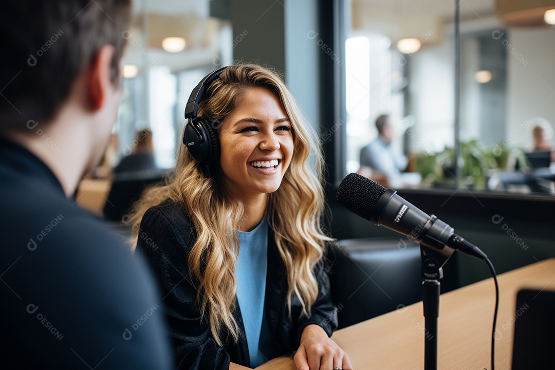 Uma mulher dando entrevista em um podcast