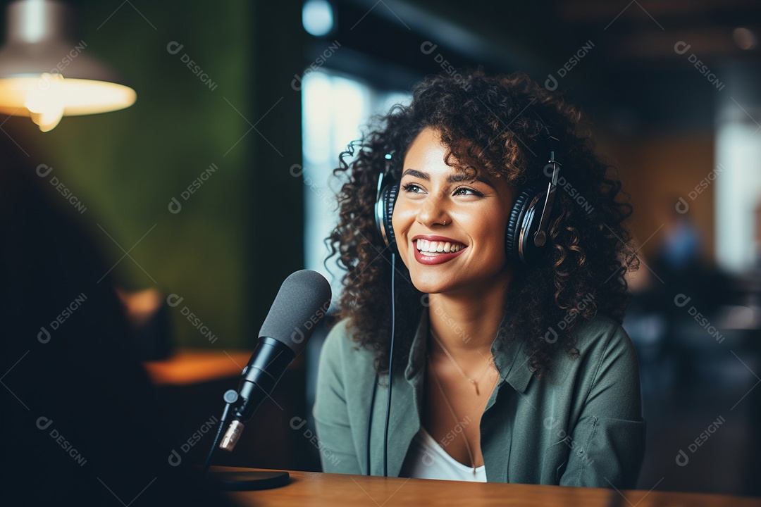 Uma mulher dando entrevista em um podcast