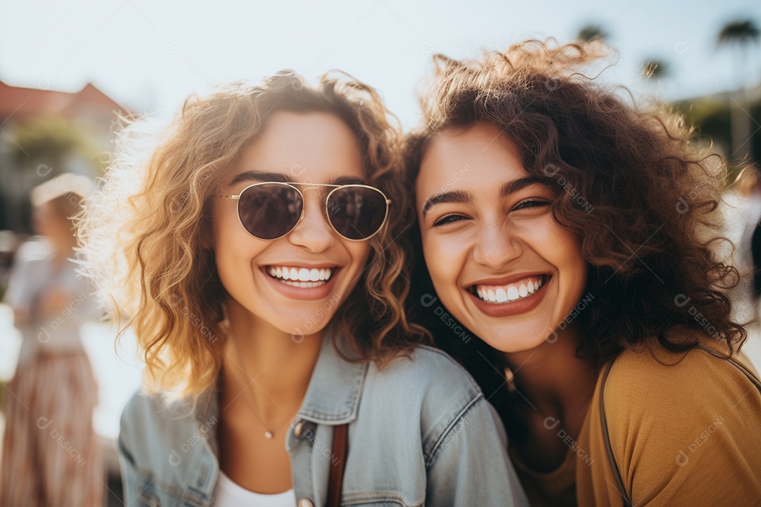 Uma mulher feliz porque encontrou sua amiga