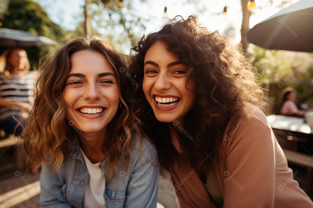 Uma mulher feliz porque encontrou sua amiga