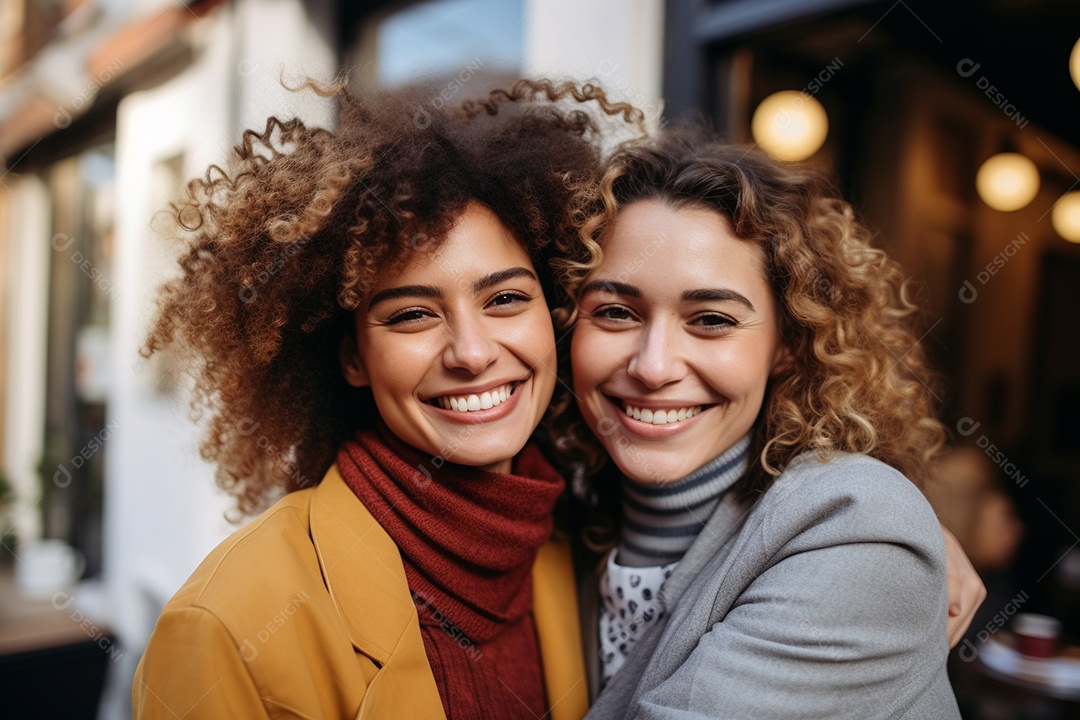 Uma mulher feliz porque encontrou sua amiga