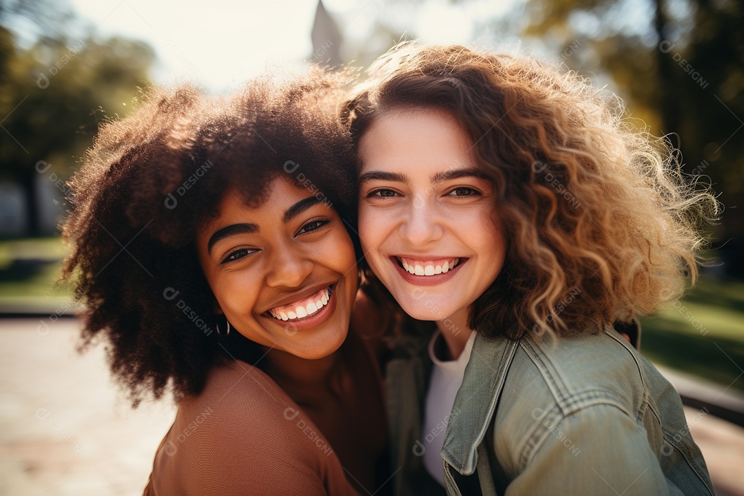 Uma mulher feliz porque encontrou sua amiga