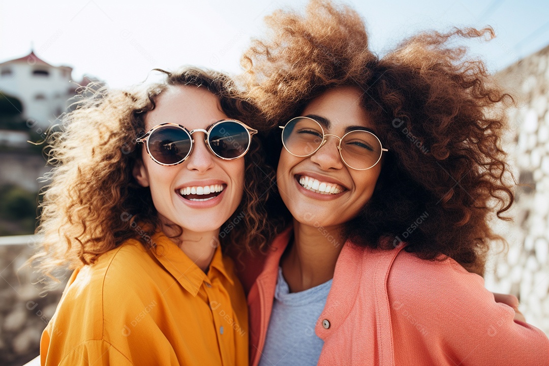 Uma mulher feliz porque encontrou sua amiga