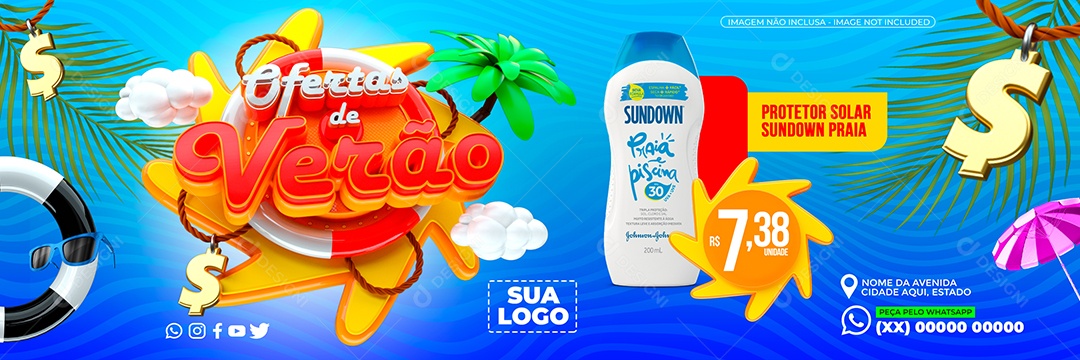 Carrossel Ofertas de Verão Protetor Solar Sundown Praia Shampoo Palmolive Social Media PSD Editável