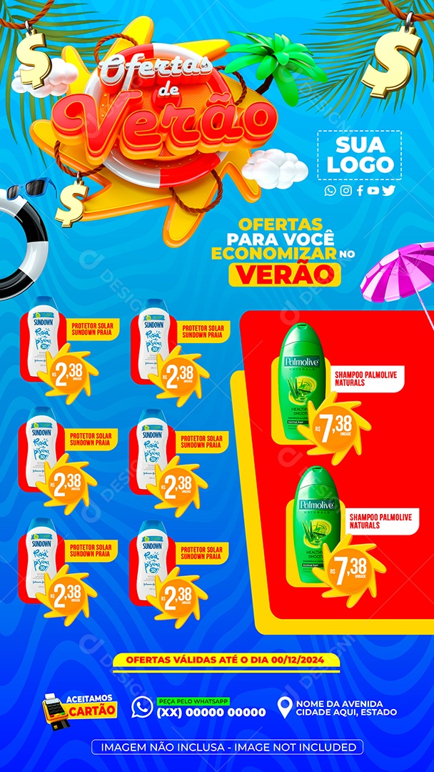 Story Ofertas de Verão Protetor Solar Sundown Praia Shampoo Palmolive Social Media PSD Editável