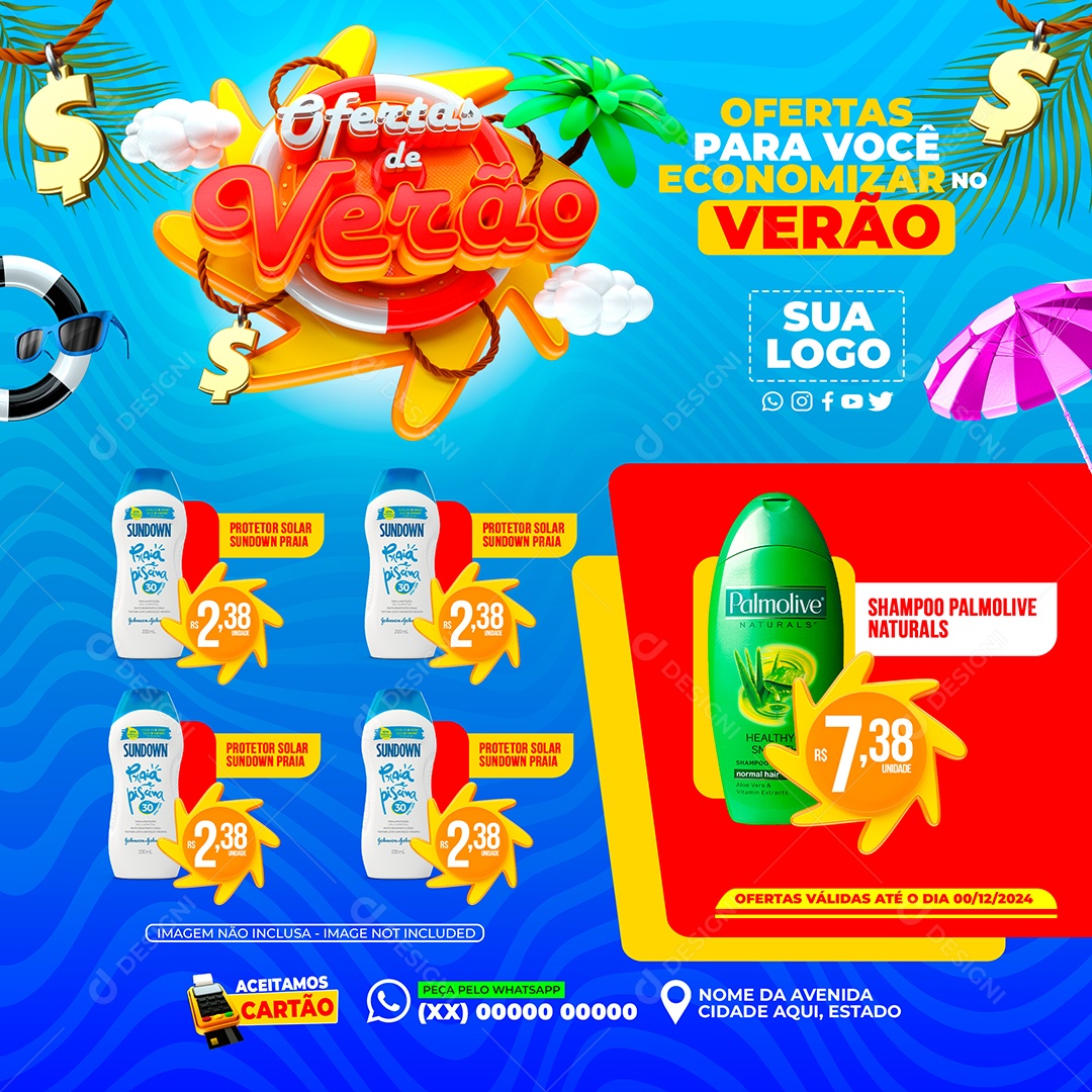 Ofertas de Verão Protetor Solar Sundown Praia Shampoo Palmolive Social Media PSD Editável