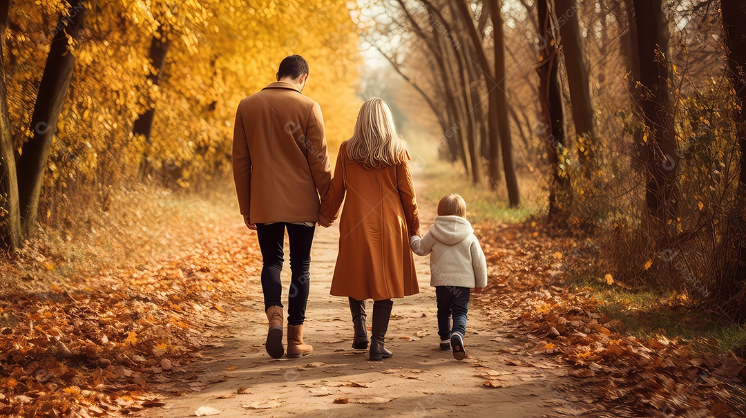 Uma linda familia passeando em praça de folhas