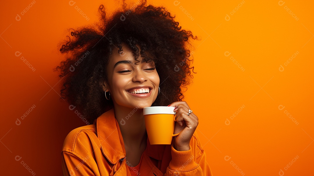 Mulher negra feliz tomando café