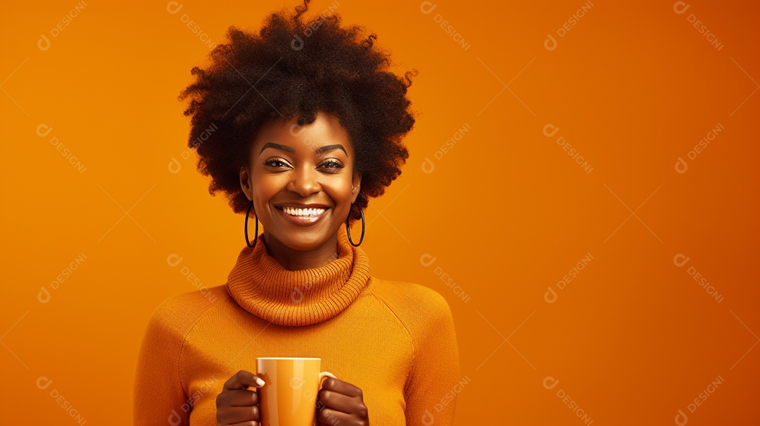 Mulher negra feliz tomando café