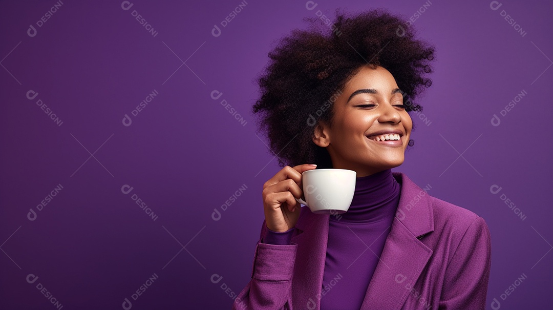 Mulher negra feliz tomando café