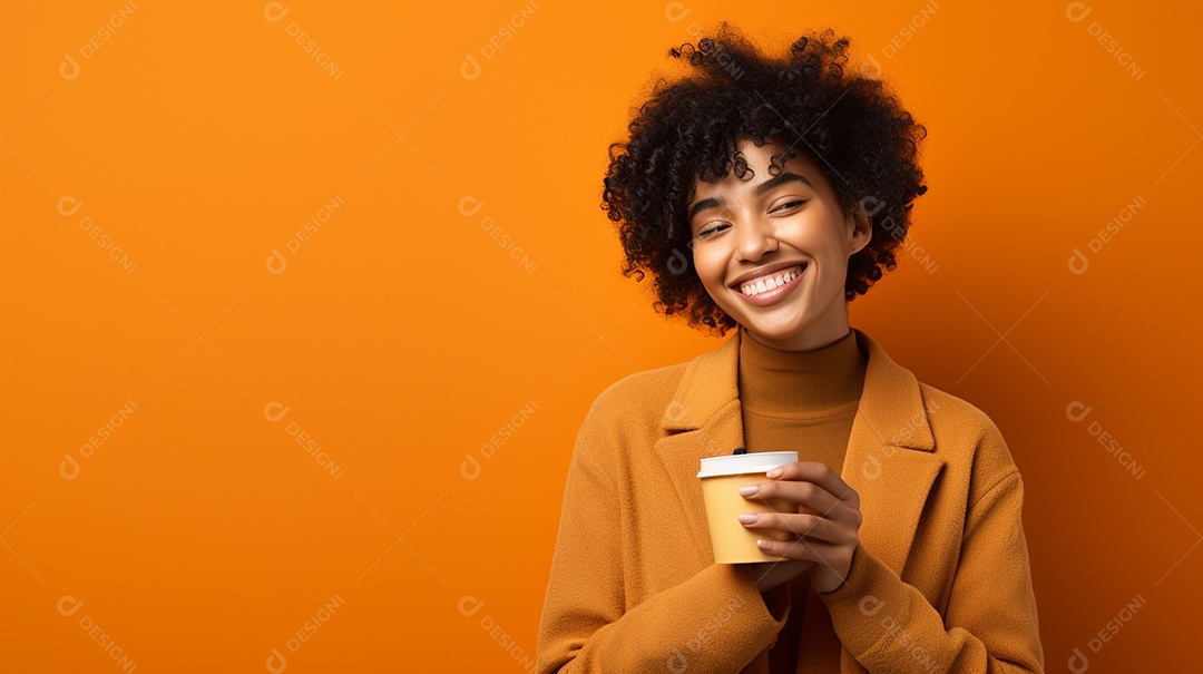 Mulher negra feliz tomando café