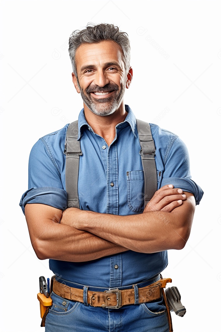 Homem trabalhador maduro feliz com braços cruzados