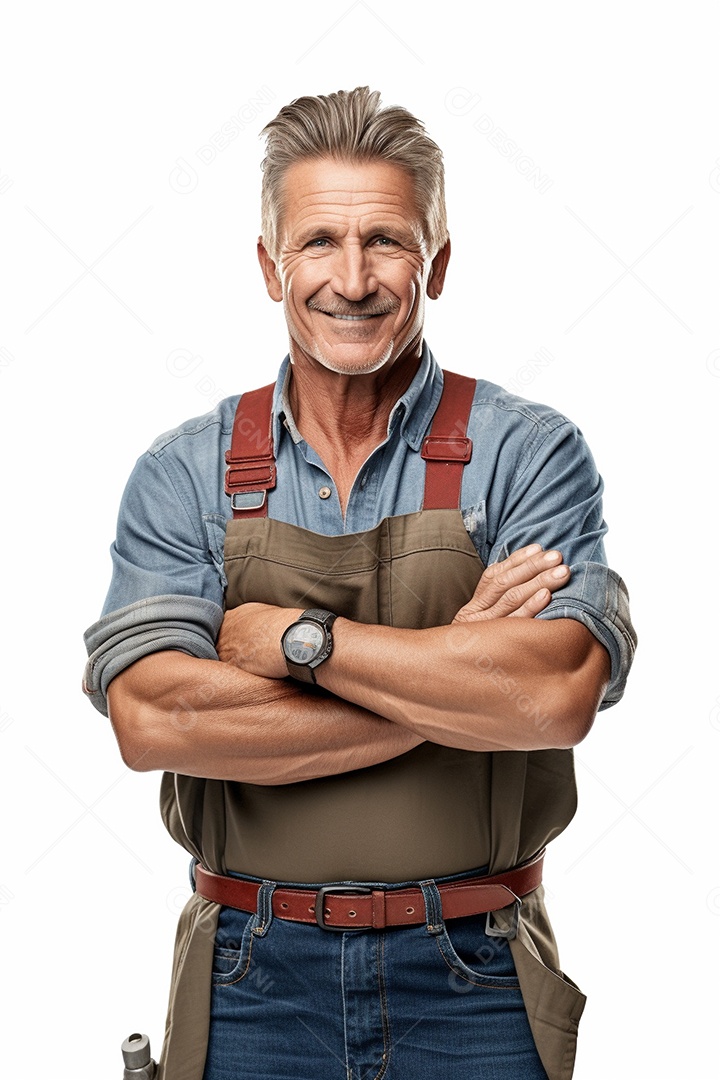 Homem trabalhador maduro feliz com braços cruzados