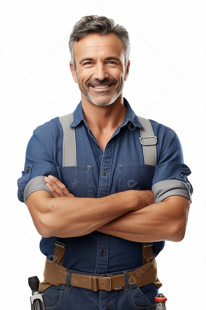 Homem trabalhador maduro feliz com braços cruzados