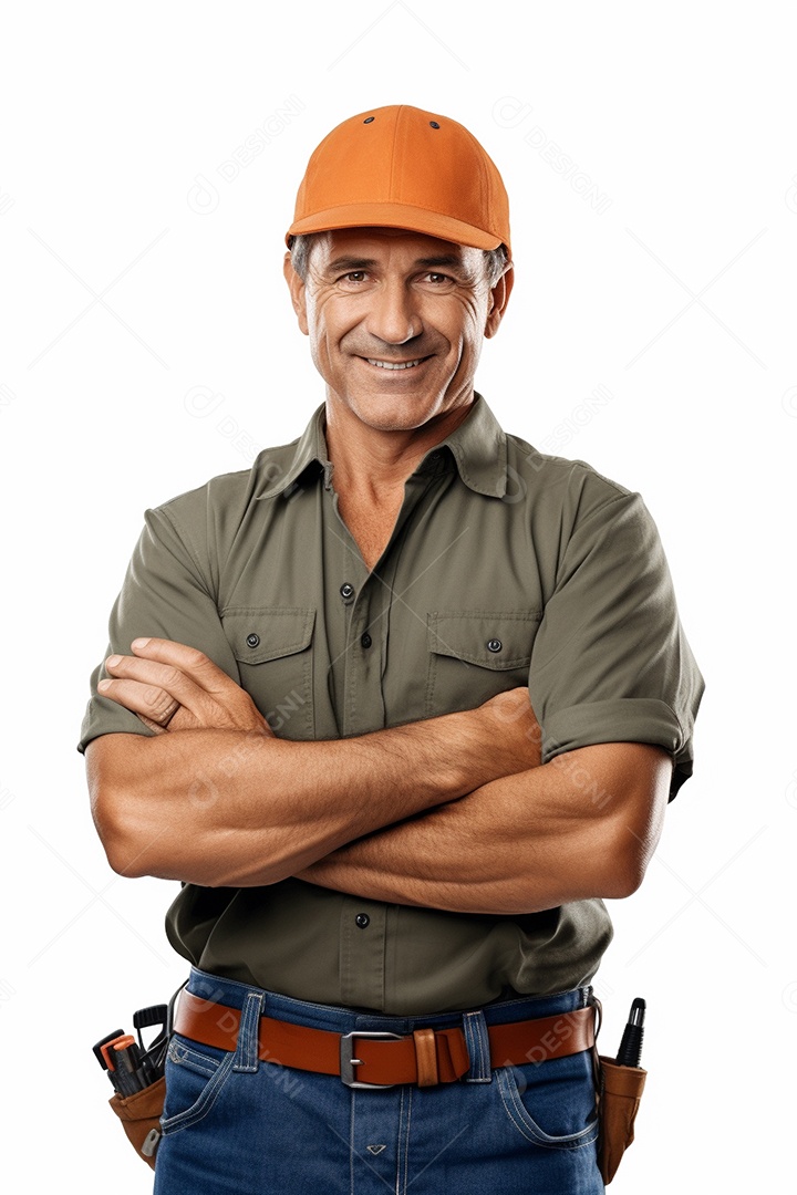 Homem trabalhador maduro feliz com braços cruzados