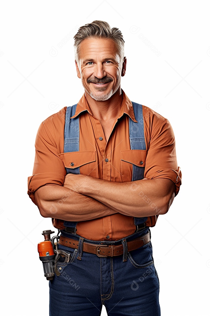 Homem trabalhador maduro feliz com braços cruzados