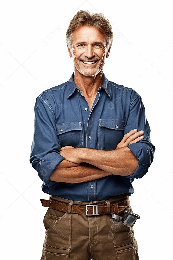 Homem trabalhador maduro feliz com braços cruzados