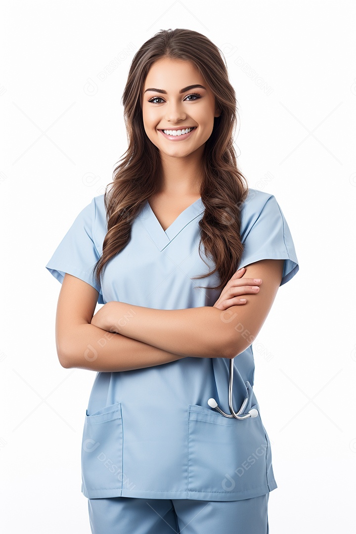 Uma enfermeira feliz com braços cruzados