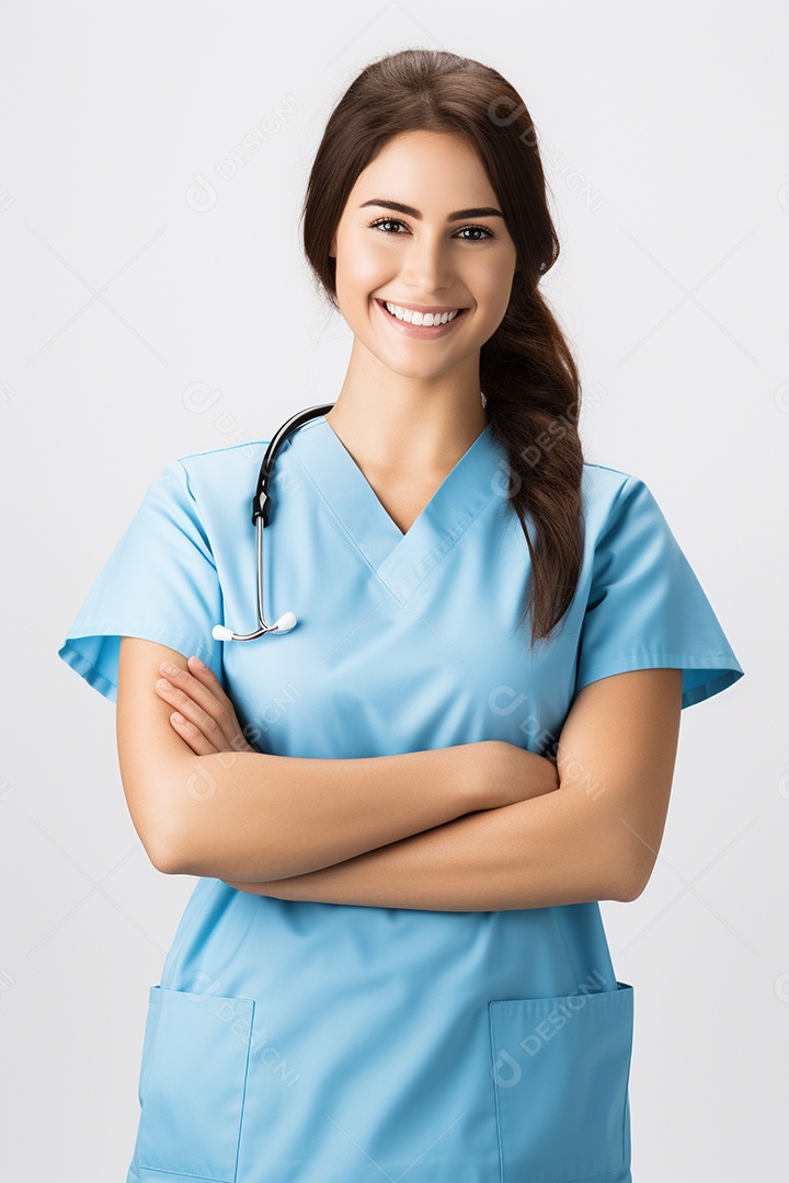 Uma enfermeira feliz com braços cruzados
