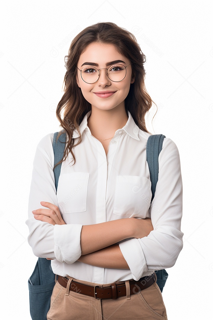 Uma estudante feliz com os braços cruzados