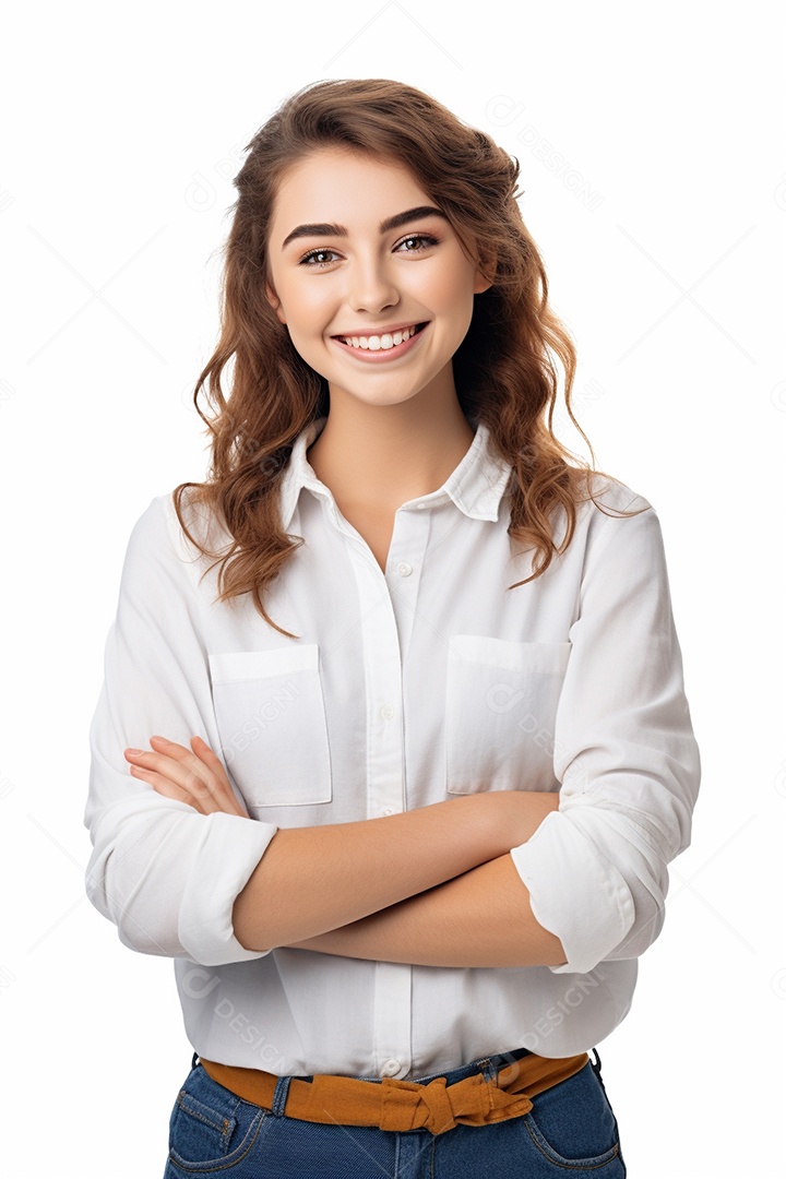 Uma estudante feliz com os braços cruzados