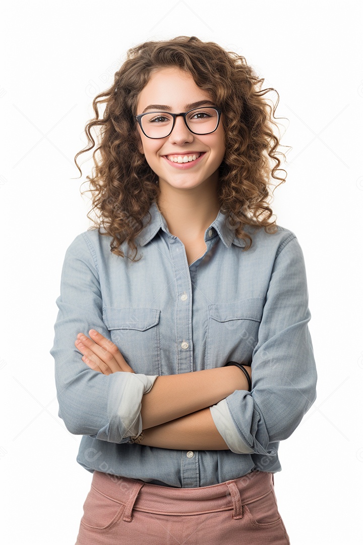 Uma estudante feliz com os braços cruzados