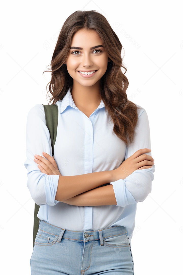 Uma estudante feliz com os braços cruzados