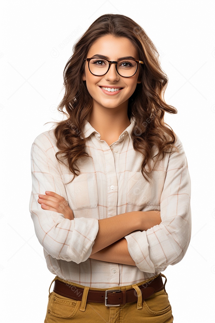Uma estudante feliz com os braços cruzados