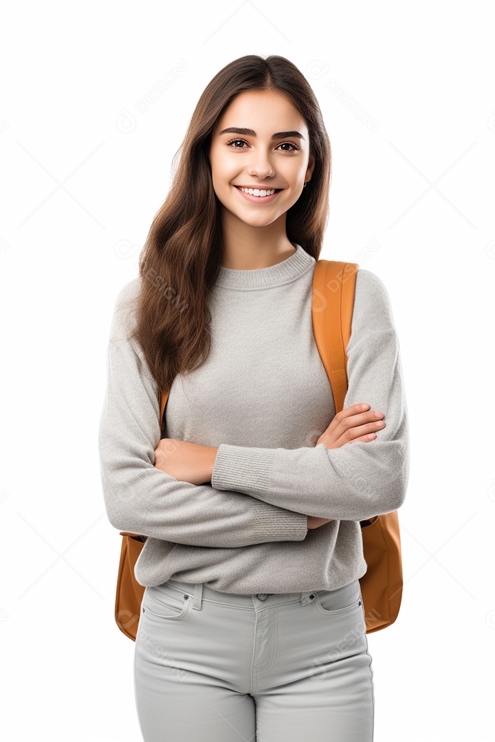 Uma estudante feliz com os braços cruzados