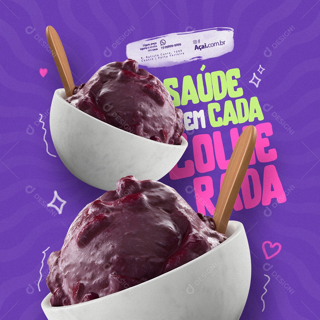 Açaiteria Saúde Em Cada Colherada Tigela de Açaí Social Media PSD Editável