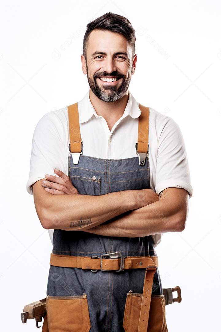 Um carpinteiro feliz com os braços cruzados
