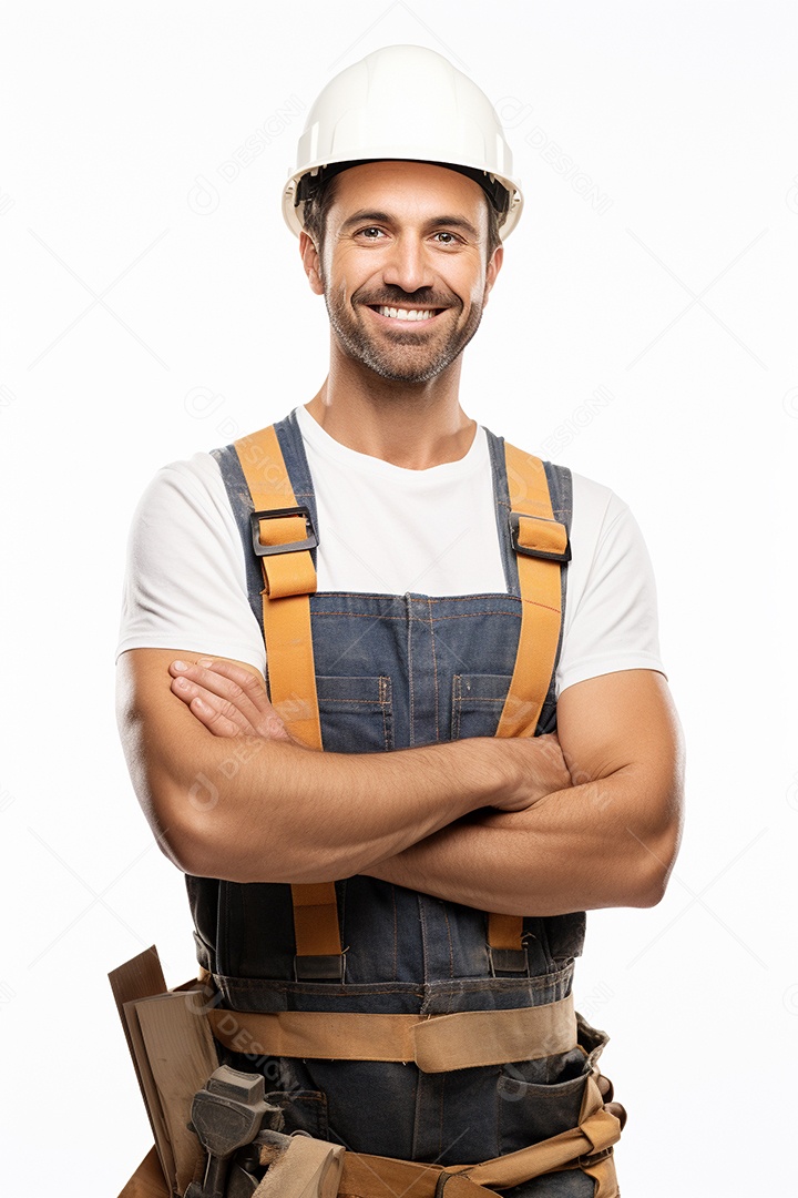 Um carpinteiro feliz com os braços cruzados