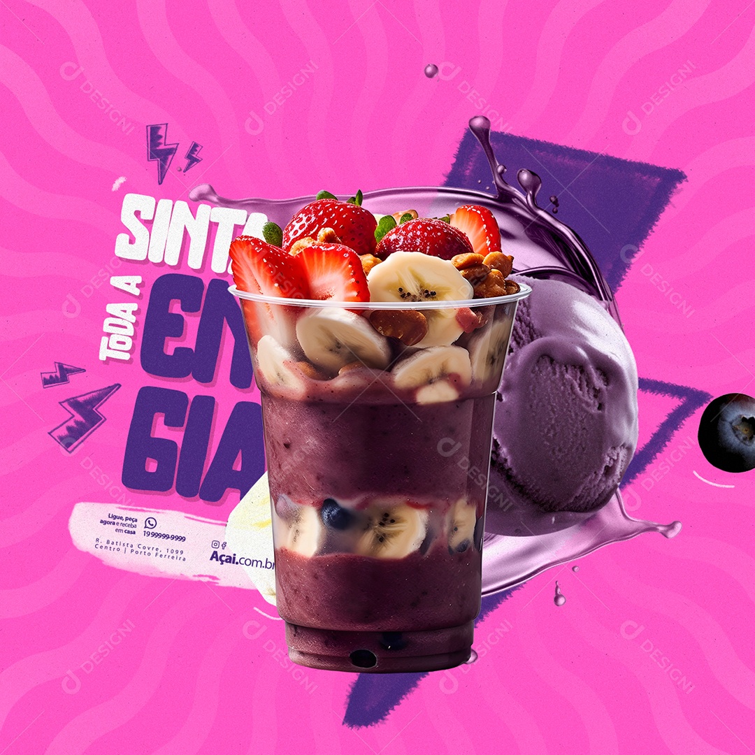 Açaiteria Sinta Toda a Energia Açaí no Copo com Morango e Banana Social Media PSD Editável