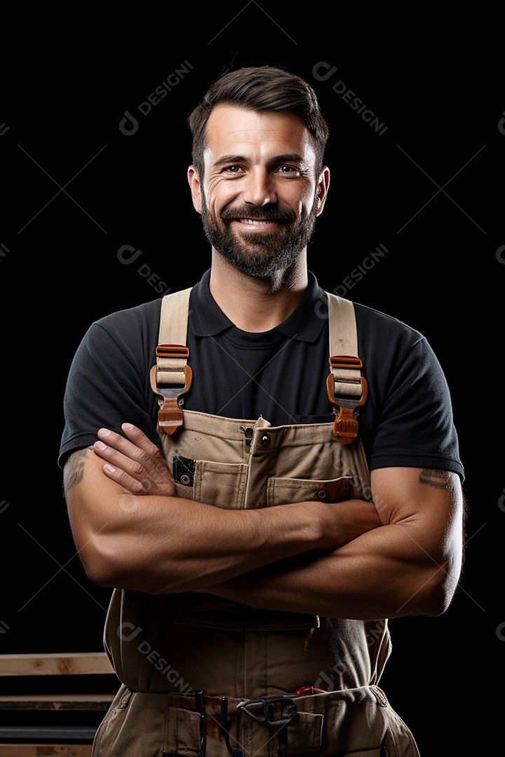 Um carpinteiro feliz com os braços cruzados